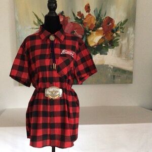Budweiser Red Black Plaid Short Sleeve Men's Button Up Shirt Size M